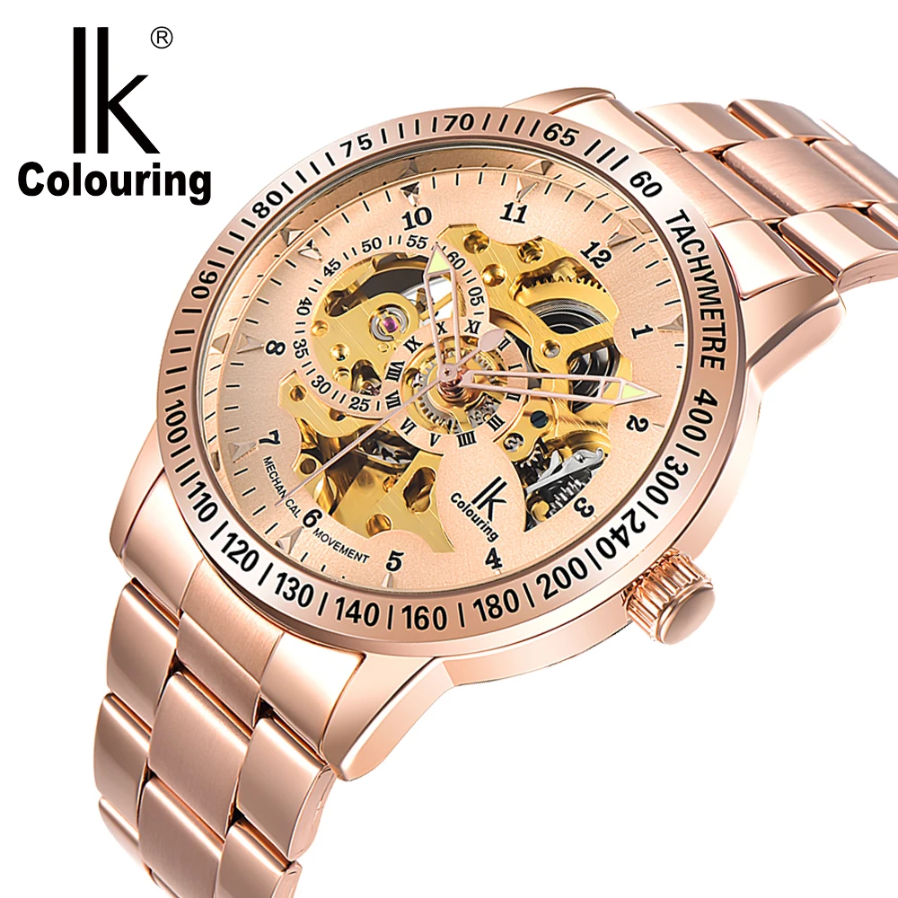 IK Mens Watches Top Brand Luxury Rose Gold Male Clock Automatic Mechanical Skeleton Wristwatch Steampunk Relogio Masculino retro bronze bezel skeleton steampunk automatic watches mens sports clock luxury top brand vintage leather mechanical wristwatch