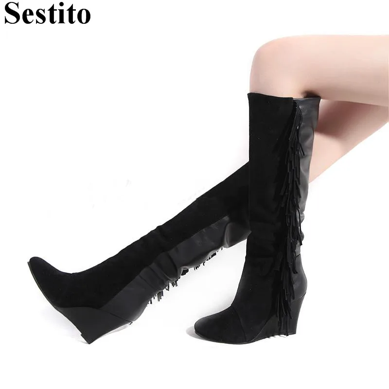 

Fashion Black White Fringe Patchwork Catwalk Boots Round Toe High Boots Wedges Knee-High Boots Women Slip-on Casual Women Shoes