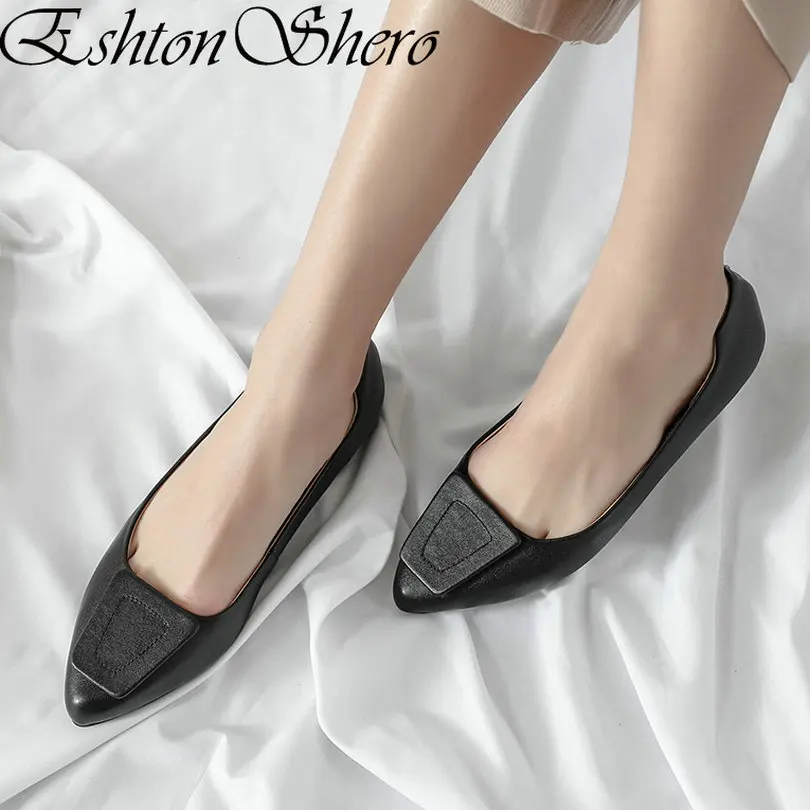 

EshtonShero Women's Shoes Flats Leather+pu Flat Heel Spring Summer Slip on Flat Heel Pointed Toe Ladies Loafers Shoes Size 3-11
