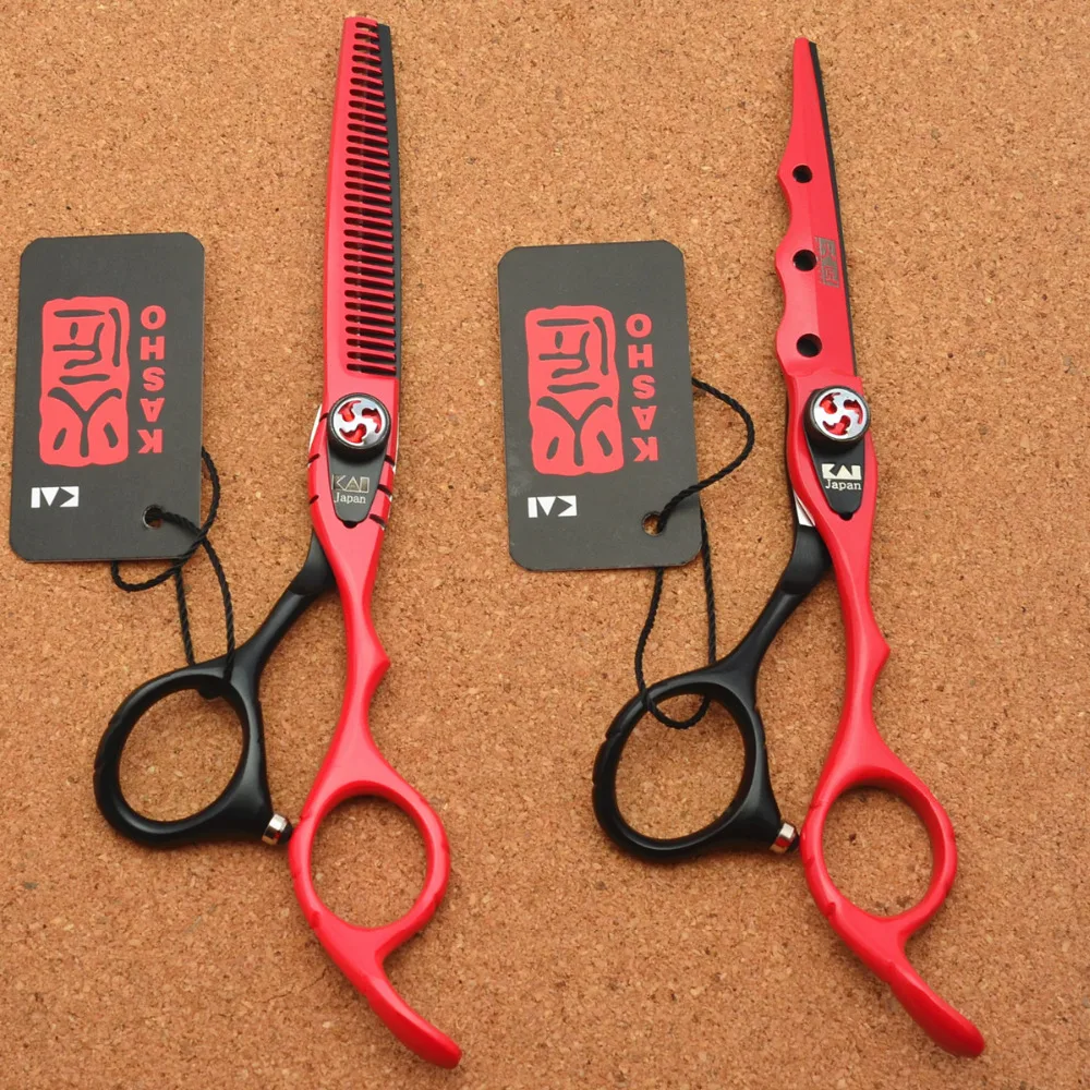 

2Pcs 6.0'' 17.5cm Red Kasho 440C Professional Human Hair Scissors Hairdressing Scissors Cutting Shears + Thinning Scissors H1019