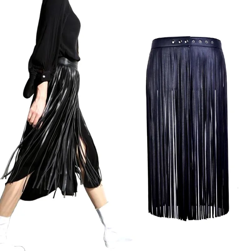 

Hot sell Sexy Boho long tassel imitation leather belts fashion women High Waist Metal Buckle leather skirt Belts accessories