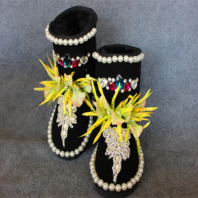 

The new 2015 bootsHigh quality handmade black glue personality flower sew-on pearl sparkling diamond snow boots