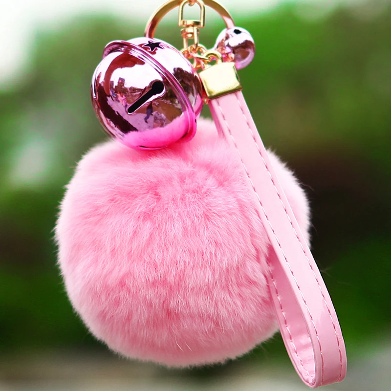 

Cute 8cm Rabbit Fur Pom Pom Keychain Bunny Fur Ball Keychain Leather Wrist Rope Metal Color Bell Key Chain Charm Bag Pendant