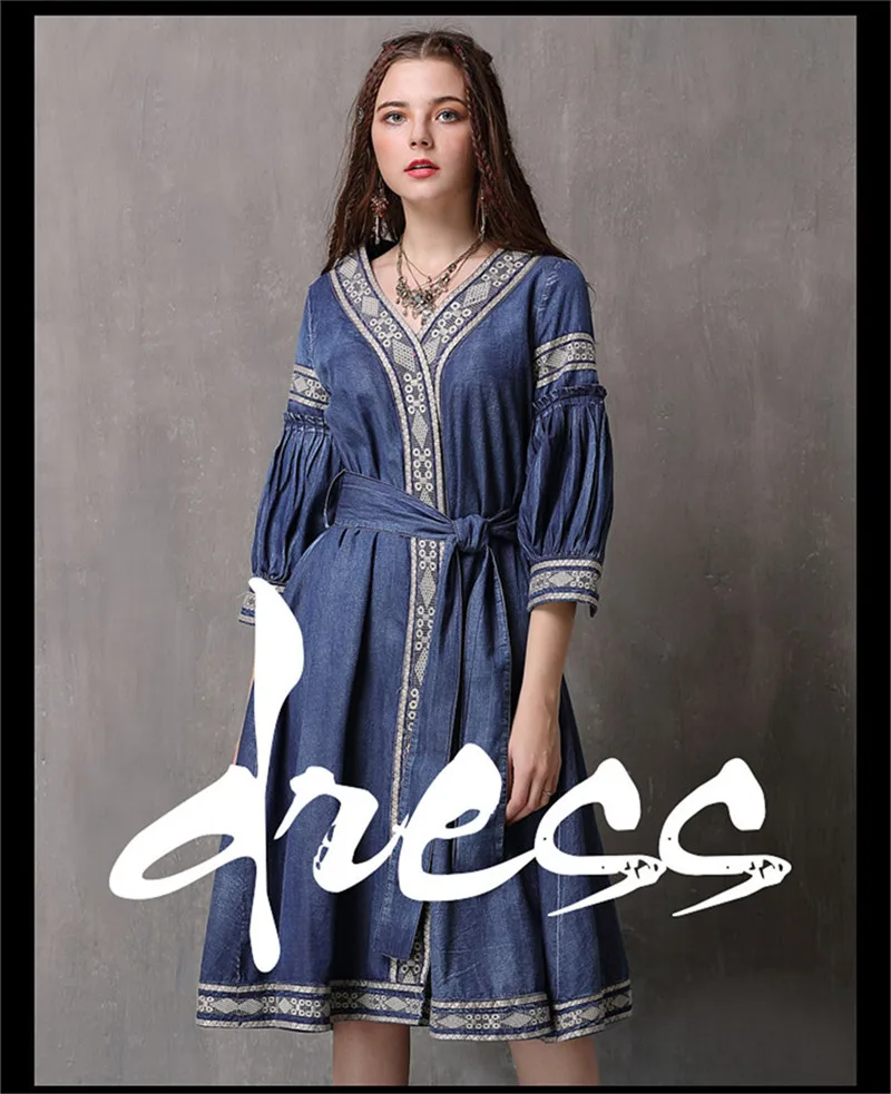 Vintage  V-Neck Summer Sashes Dress 2018 Embroidery New Denim Vestidos A-line Half Sleeve Belted Women Dresses Vestido Female (1)