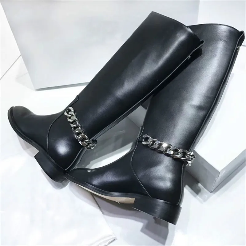 Alta Botas De Black Negro Leather Cadena Knight Cuero Mujeres Moda Redonda Real Punta Rodilla Ankle Espalda Botines black Zapatos 2018 Invierno Señora Mujer Long La xd6IXqX