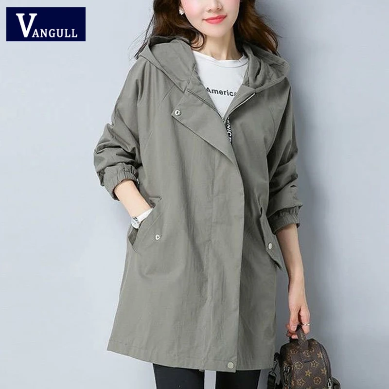 Vangull Women Trench Coat Female Long Sleeve Thin Hooded Wind Coat Autumn New Plus Size Loose Zipper Adjust Waist Outerwear