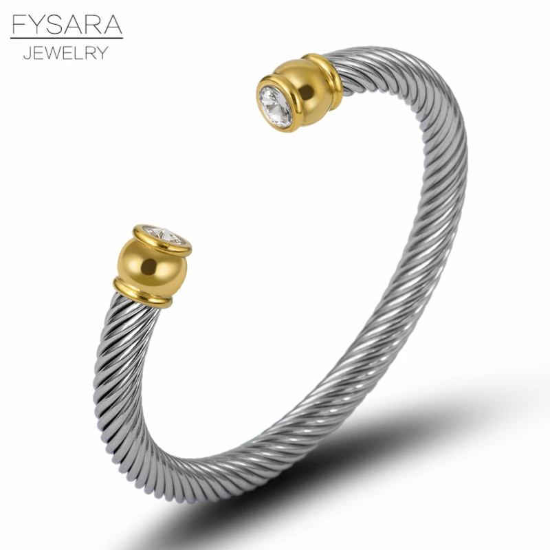 FYSARA серебряные мужские панк эластичный браслет из нержавеющей стали крутить проволоку кристаллы Браслет-манжета и браслет для женщин аксессуары