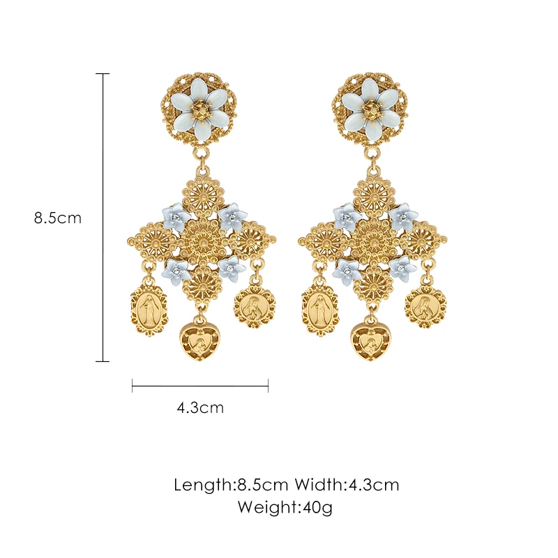 

Retro palace wind white flowers cross gold coin pendant earrings female