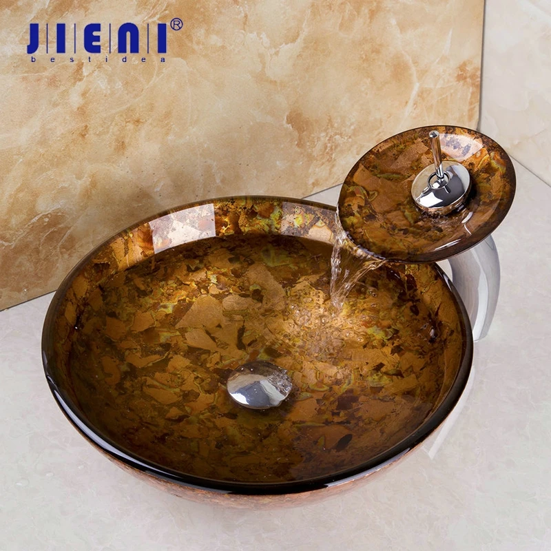 

JIENI Art Design Bathroom Wash Basin Faucet Set Hand Painting Victory Tempered Glass Sink Brass Faucet Counter Top Mixer Tap