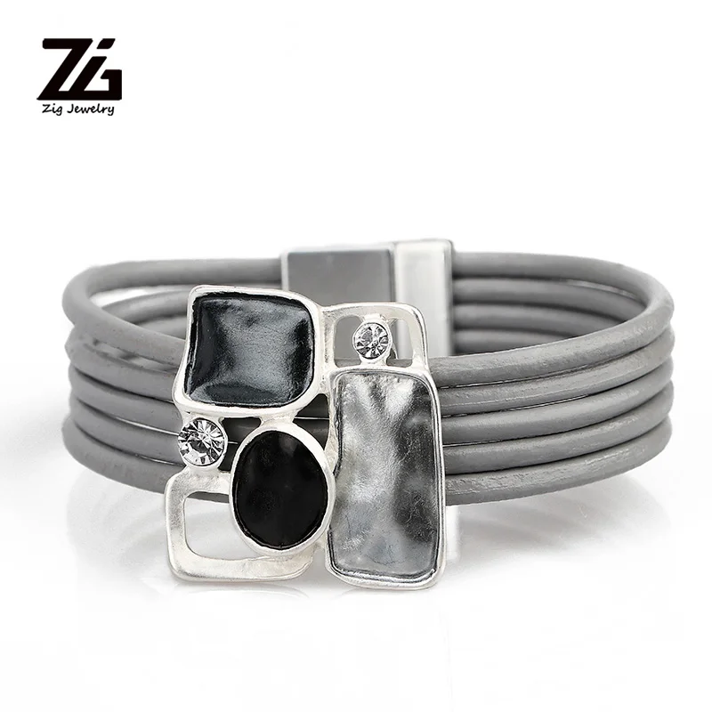 

ZG NEW ARRIVAL Magnetic Clasp Leather women jewelry with Color Metal Charms in 3 color