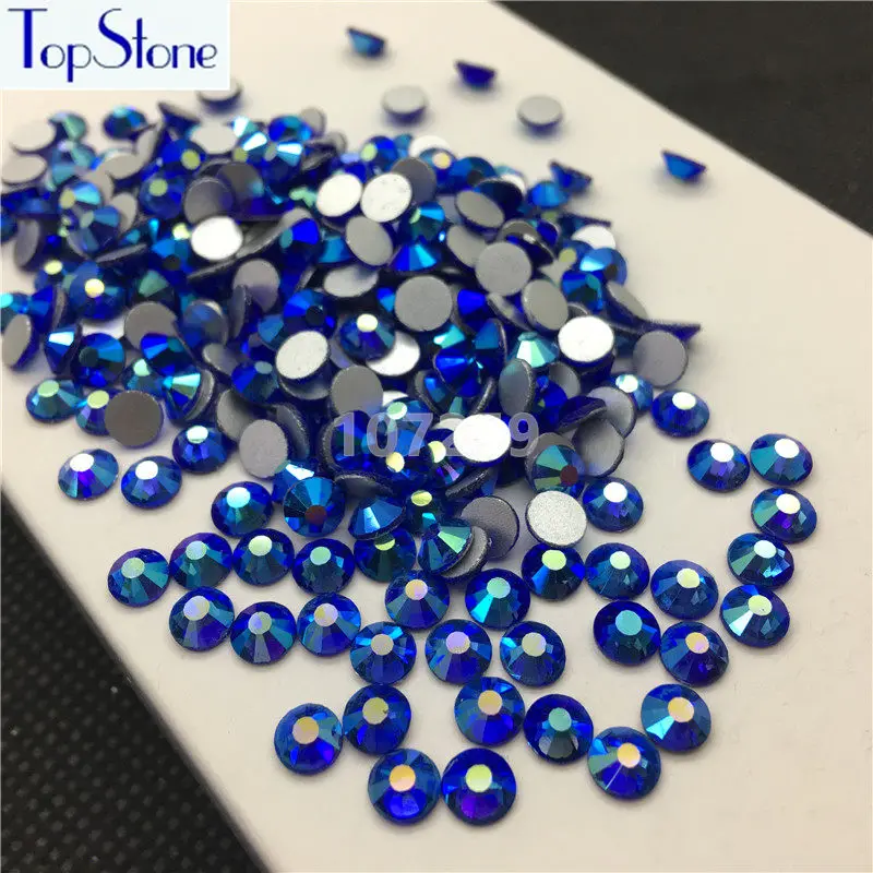 TopStone Сапфир AB Цвет ss3-ss30 круглый стеклянный кристалл Flatbacks дизайн ногтей 3D камни Клей на не горячей фиксации Стразы