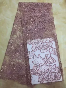 

Pure Pink Color Embroidery Sequins African High Quality French Tulle Lace Fabric 2019 New Arrival African Gold Line Lace Fabric