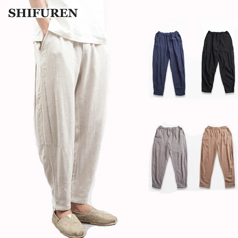 

SHIFUREN Breathable Cotton Linen Harem Pants Mens Joggers Loose Male Casual Spring Summer Elastic Waist Trousers Size M-4XL
