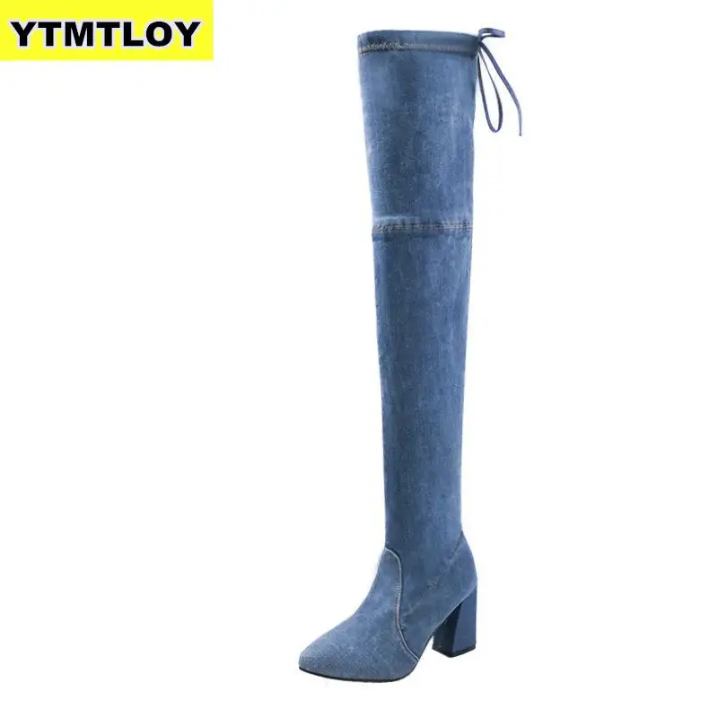ORCHA LISA/Новые Зимние Сапоги выше колена женские синие джинсовые сапоги на низком квадратном каблуке с круглым носком; botas mujer; C902