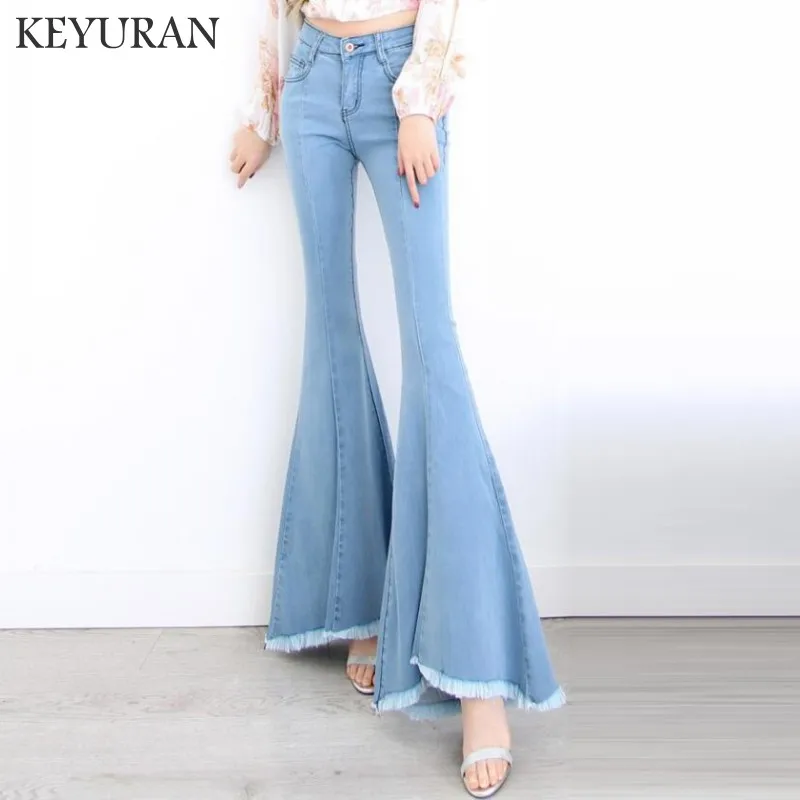 

2019 Spring Fashion Women Vintage Tassel High Waist Long Boot Cut Denim Pants Lady Sexy Skinny jeans woman bell bottom jeans