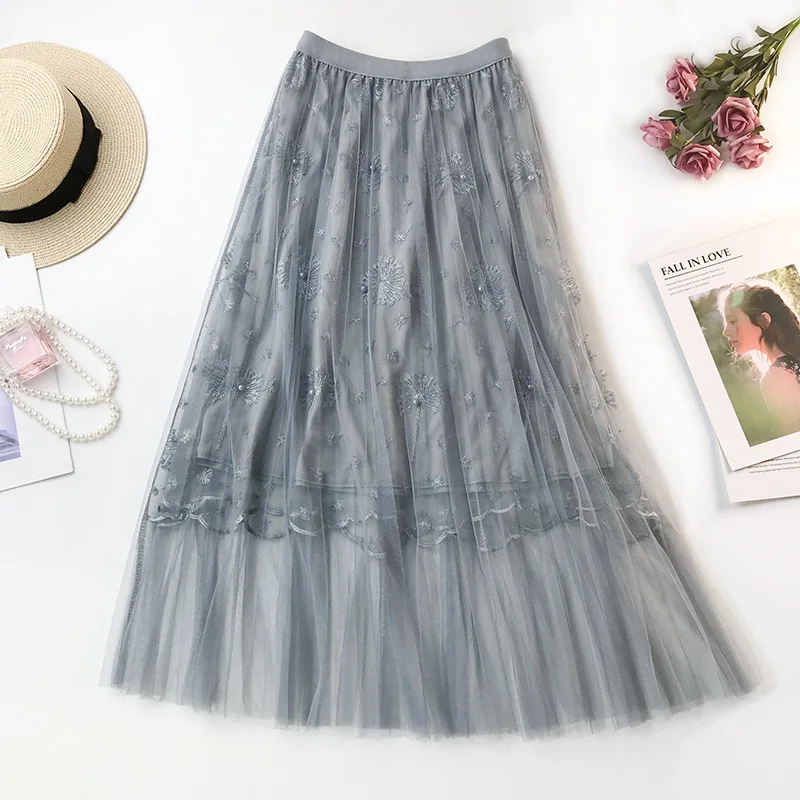 Floral Embroidery Pleated Skirt High Quality Beading Lace Mesh Skirt Women Elegant Tulle Long Skirt Summer Woemn pleated Skirt Floral Embroidery Pleated Skirt High Quality Beading Lace Mesh Skirt Women Elegant Tulle Long Skirt Summer Woemn pleated Skirt