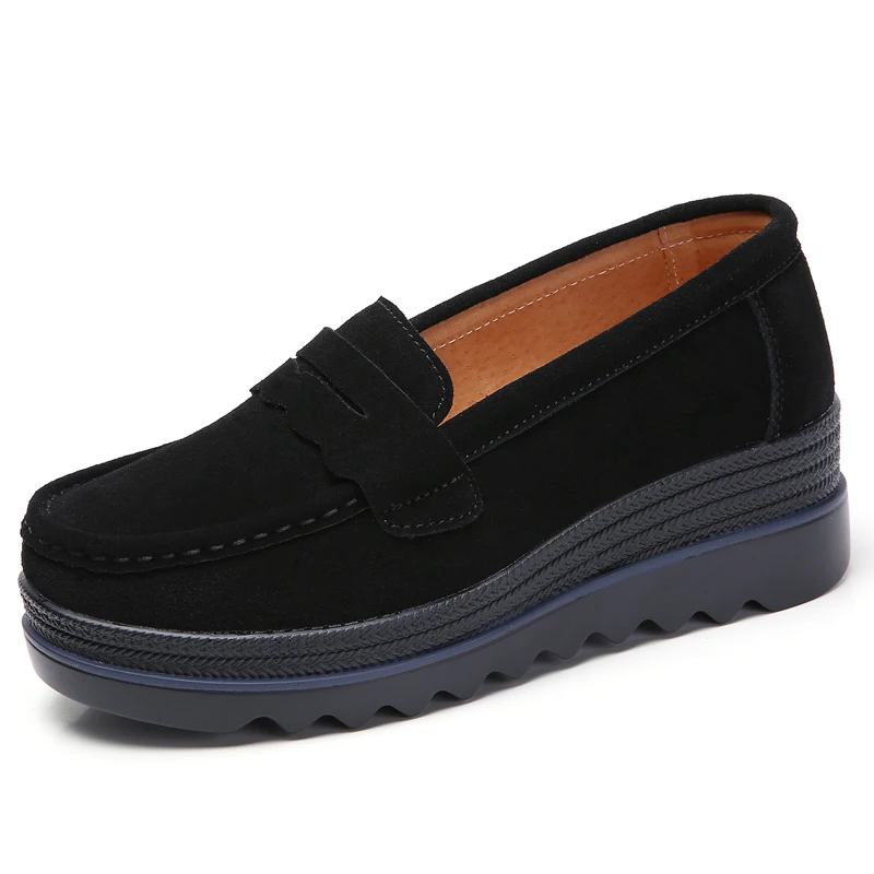STQ/ женская обувь на плоской подошве, женская обувь без застежки на платформе; кроссовки на плоской подошве кожаные замшевые женские туфли на каждый день; женская обувь на плоской подошве задники, обувь на толстой резине; мокасины для 3088 - Цвет: 8775 Black