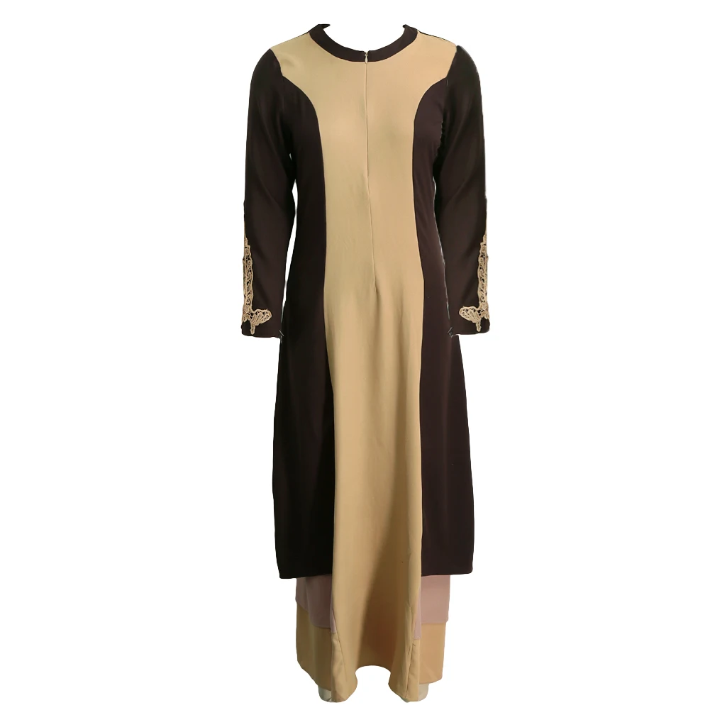 2017 moda Mujer musulmana vestido empalmadas bloque del Color del ganchillo del cordón de la cremallera manga larga árabe Maxi Ropa de una sola pieza 2017 moda Mujer musulmana vestido empalmadas bloque del Color del ganchillo del cordón de la cremallera manga larga árabe Maxi Ropa de una sola pieza