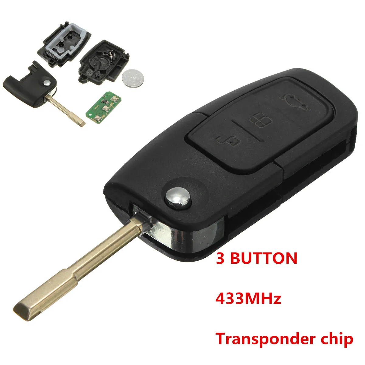 

433MHz 3 Button Flip Key Fob Transponder Chip Flip key case For Ford 1998-2005 /FOCUS For MONDEO 2001-2007 For TRINSIT 20002