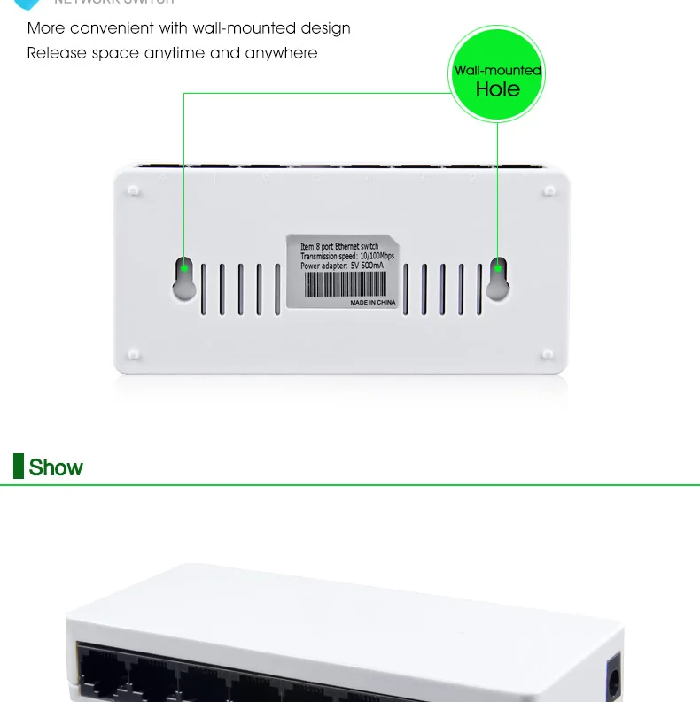 Высокая производительность мини сетевой коммутатор концентратор 8 Порты и разъёмы 10/100 Мбит/с быстро LAN Ethernet сетевой адаптер+ DC5V /500mA Питание