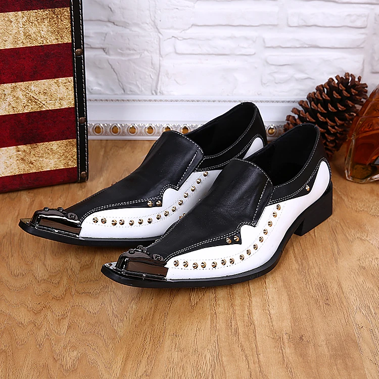 Black White Genuine Leather Mens Dress Shoes Fashion Rivet Oxford Shoes