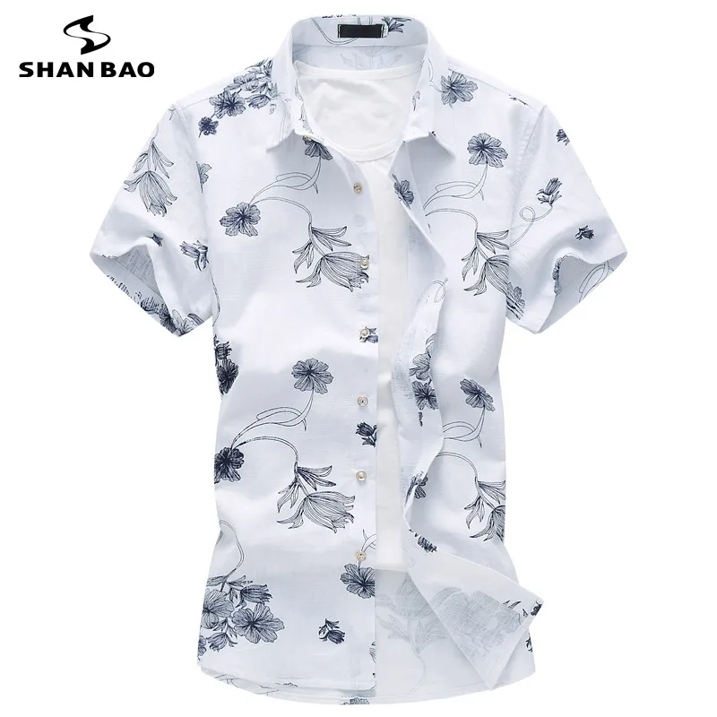 

Men's linen short-sleeved shirt thin section breathable 2017 summer high-quality flowers printed casual white shirt large size