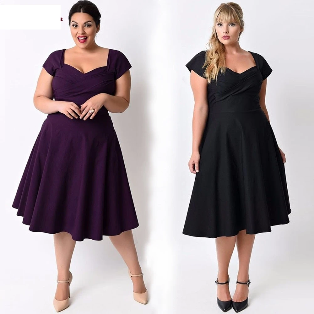 Plus Size Women Casual Short Sleeve Formal Cocktail Solid Swing Dress ...