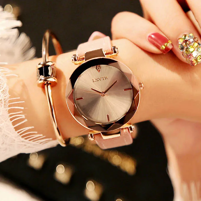 Женские часы с роскошным браслетом, модные женские часы, модные женские часы с кожаным аналоговым ремешком, кварцевые часы - Цвет: pink white