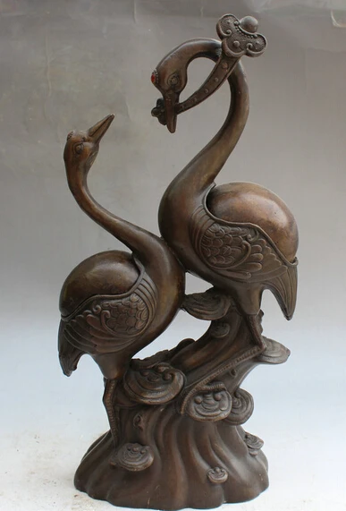 

wholesale factory 18" Chinese Bronze Ru Yi Two red-crowned crane Bird Statue Incense Burner Censer