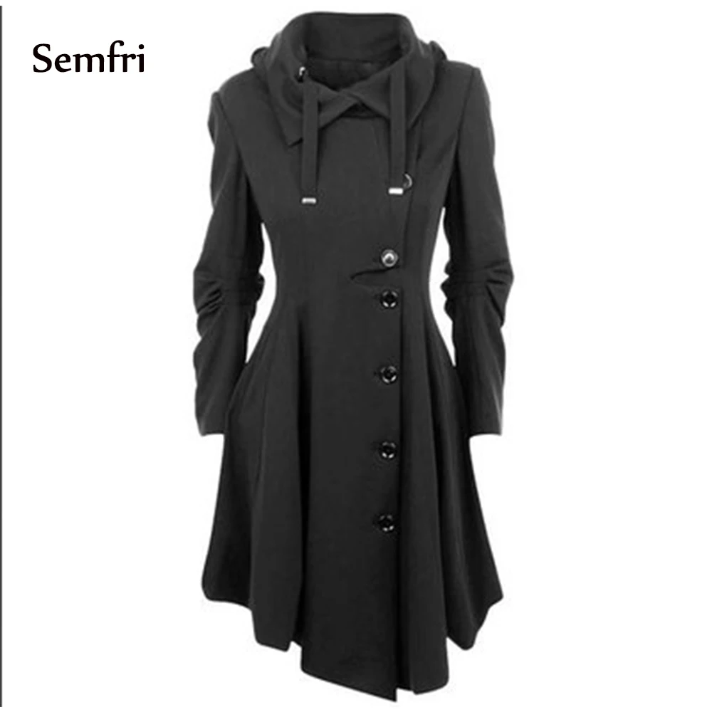 

Semfri Women Coat Wool Winter Black Vintage Gothic Slim Elegant Overcoat Casual Lace Up Long Retro Button Female Trench Coats