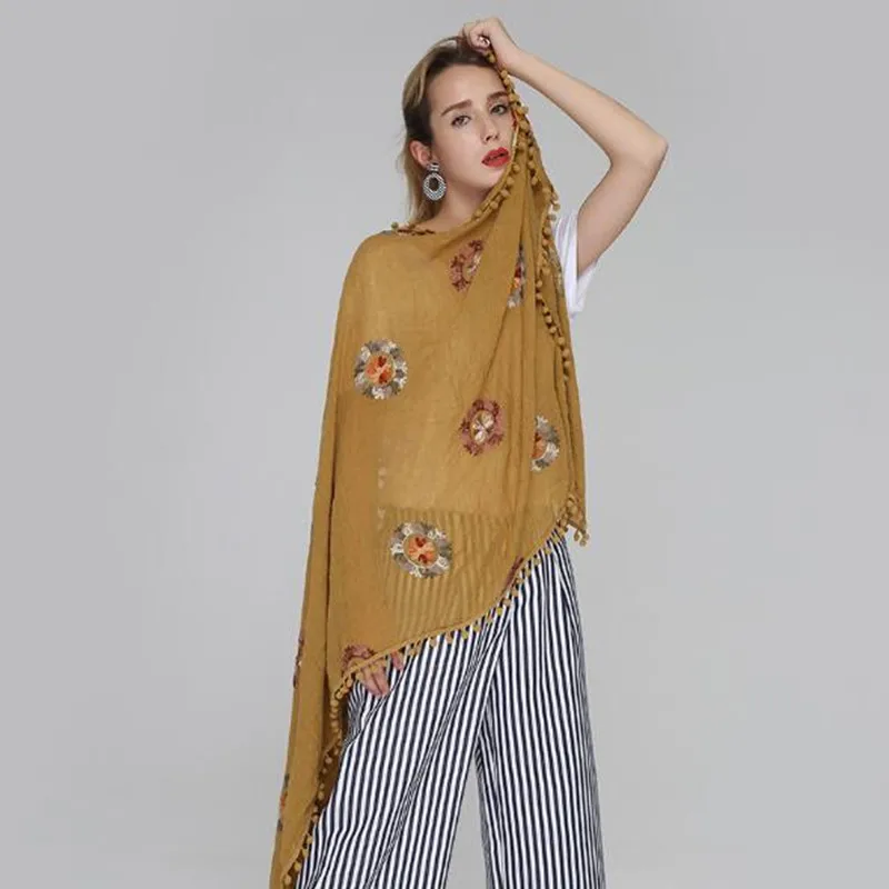 9 цветов, элегантный дизайн, шаль с помпоном, женские шарфы с вышивкой и шали, модная вышивка, цветок, глушитель, мягкий хиджаб fourlard