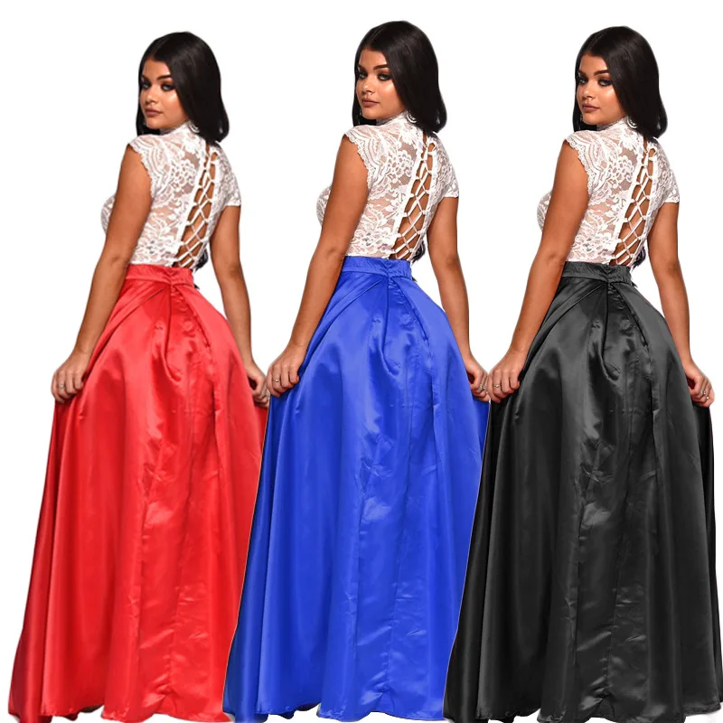 

2 piece set 2019 summer women's lace short sleeve sexy T-shirt + ruffled skirt suit women's fashion valve belt skirt suit