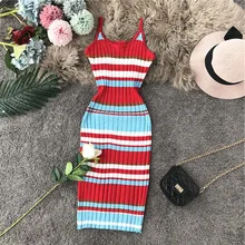 Rainbow Striped Print Robe Femme Ete 2019 Spaghettic Strap Girls Sweet Sweater Midi Dress Sheath Ladies Club Summer Vestidos Rainbow Striped Print Robe Femme Ete 2019 Spaghettic Strap Girls Sweet Sweater Midi Dress Sheath Ladies Club Summer Vestidos