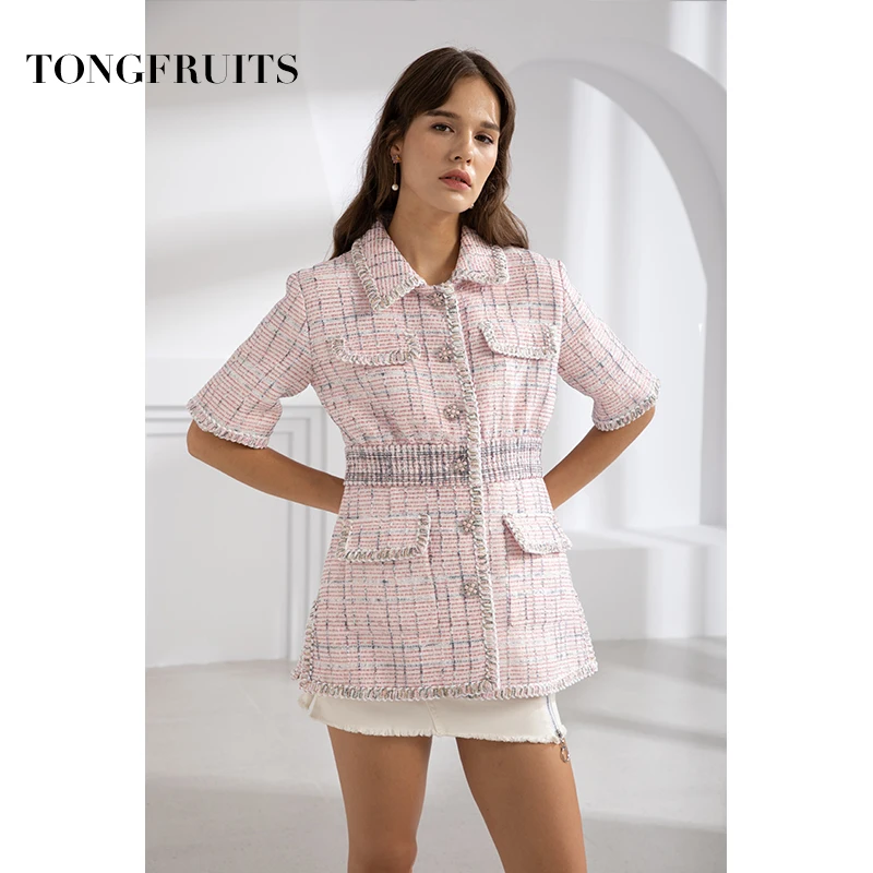 2019 New Fashion Turn-down Collar High Waist Woven Fabric High Street Jacket Women Pink Slim Jacket Coat Outerwear High Quality