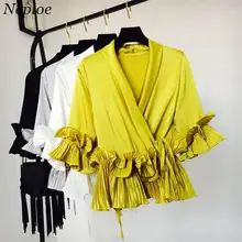 Neploe Блузка с оборками шифоновая рубашка расклешенный рукав v-образный вырез блузки на шнуровке дизайнерские рубашки женские элегантные сексуальные Блузы Топы 35074