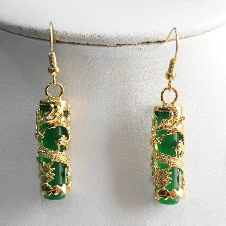 

Wholesale New 2014 Yellow 18K GP Dark Green Jade Dragon Fashion Jewelry Earring