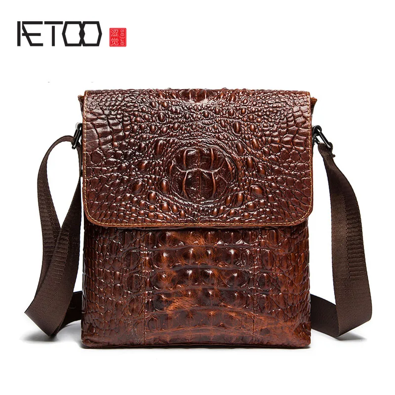 

AETOO Men 's casual leather crocodile pattern Messenger bag clamshell leather shoulder bag