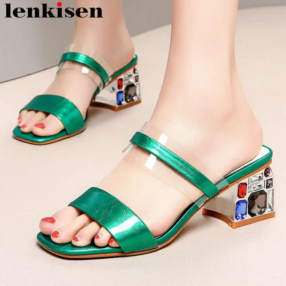 

Lenkisen new fashion colorful crystals decoration slip on mules chunky heels peep square toe jelly shoes plus size sandals L13