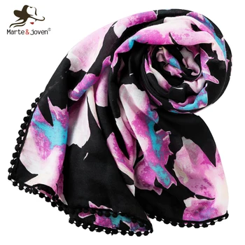 

Marte&Joven Elegant Big Purple Flower Print Black Scarves Pashmina Big Size Lace Fringes Autumn Winter Warm Shawls Women Hijab