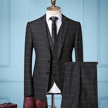 

2020 men's leisure suit three business professional attire coverall suits grid suit cultivate one's morality