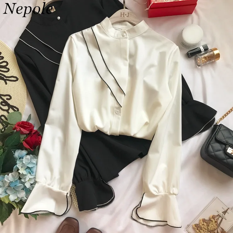 Neploe 2019 Modis Solid Single Breasted Blouse Casual Loose Stand Collar Women Shirt Spring Autumn Fashion Chiffon Top 69656 |