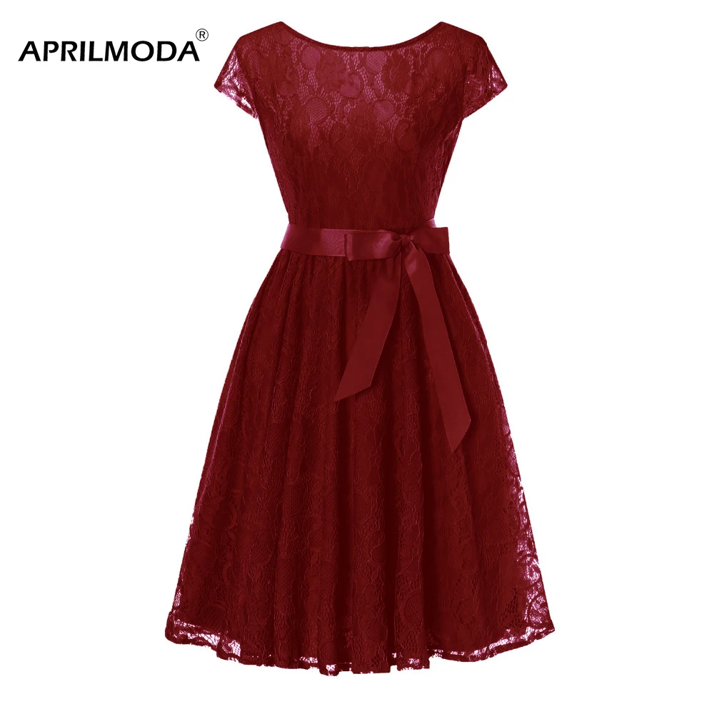 

Lace Short Party Dress Summer Casual Short Sleeve Women Floral Formal Dress with Bow Dark Red Retro Vintage Beach Boho Dresses