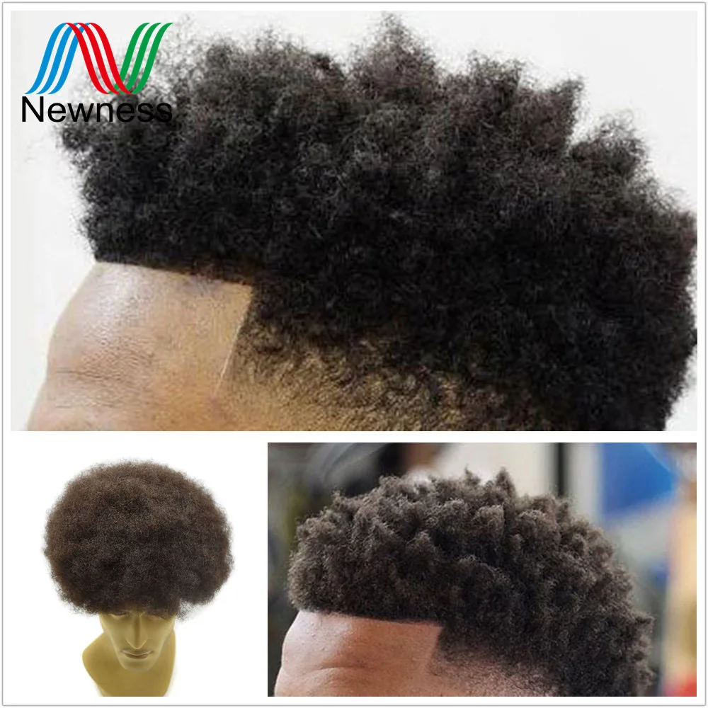NEWNESS Afro Men Toupee Fluffy Tight Wavy Curls Hairpiece Brazilian Human Hair Made Brown Wigs For African American | Шиньоны и парики