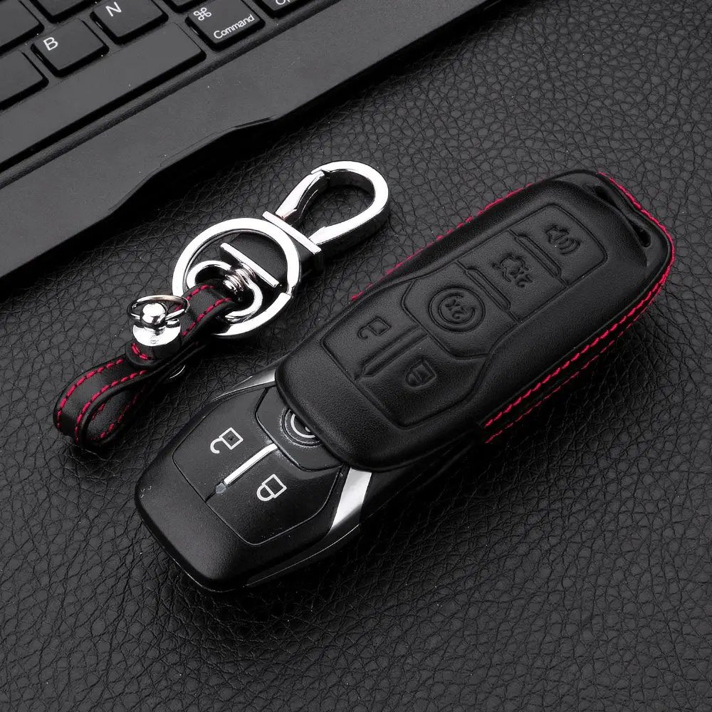 

Car 4D Leather Key Cover Holder For FORD FUSION EXPLORER EDGE MUSTANG F-150 F150 MONDEO Limited Lincoln MKZ MKC 5 button KeyBag