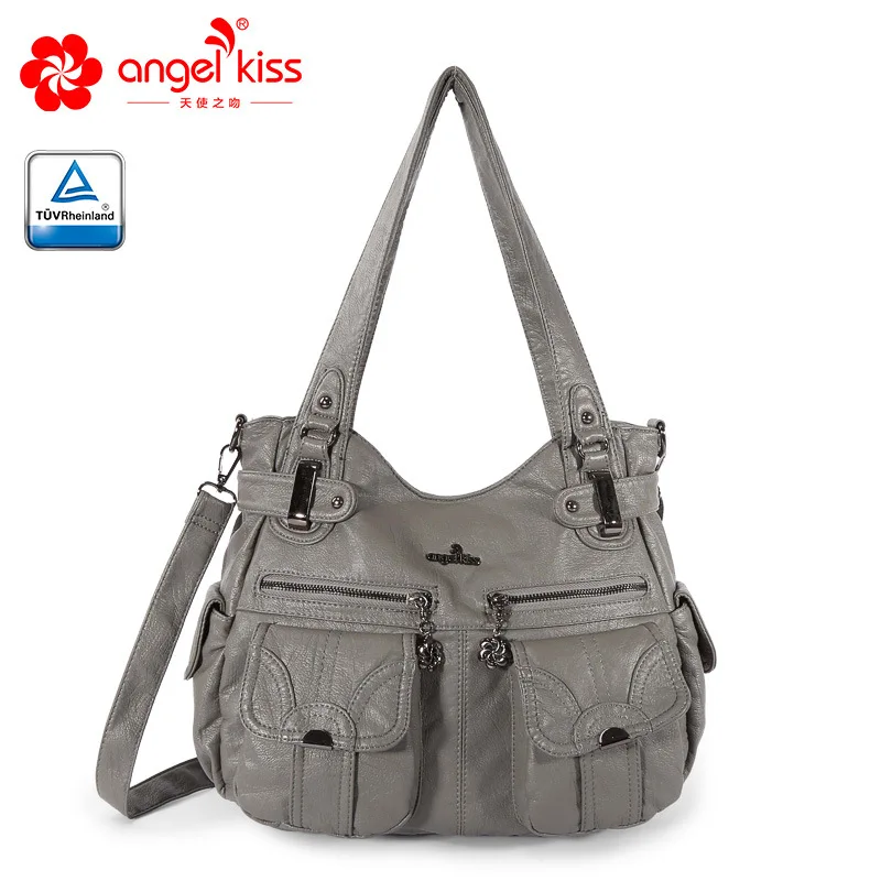 Fashion Skin-friendly 2 Top Zippers Multi Pockets Purses Washed PU Leather Tote Bags Shoulder Women Handbags