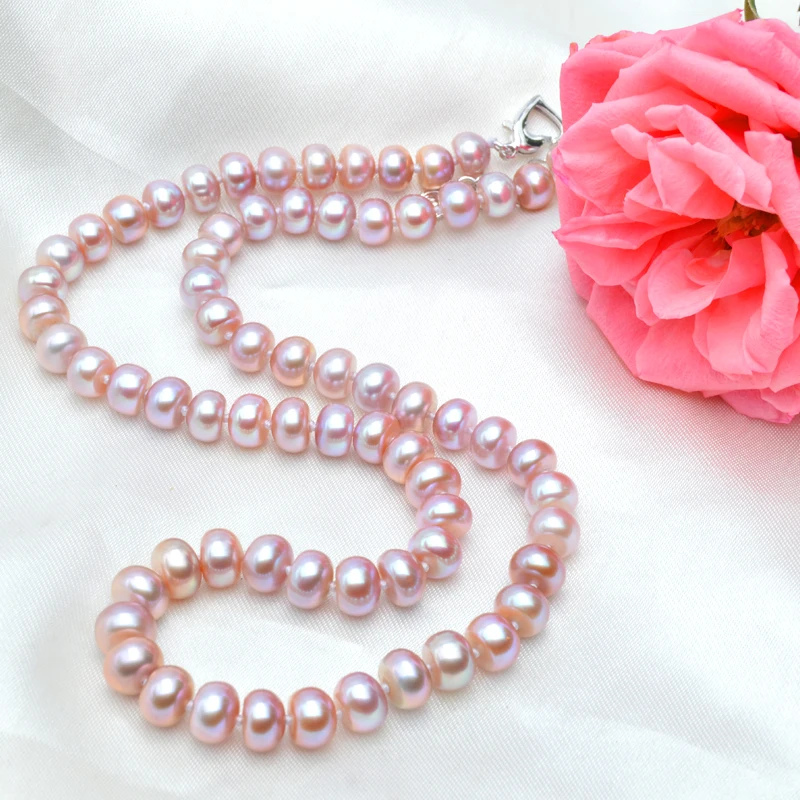 ASHIQI Настоящее 8-9 мм Ожерелье из натурального пресноводного жемчуга розовый фиолетовый жемчуг ювелирное изделие модное ожерелье s для женщин подарок