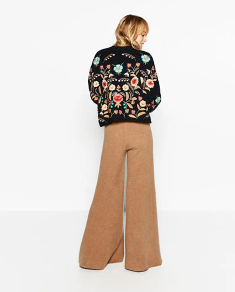 Self Duna, осенне-зимний вязаный свитер с вышивкой, Черный винтажный вязаный свитер с цветочной вышивкой, женские пуловеры, джемпер