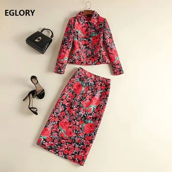 

Women's Set 2019 Autumn Winter Fashion Jacket Suits Woman Rose Flower Jacquard Print Long Sleeve Coat Jacket+Midi Pencil Skirt