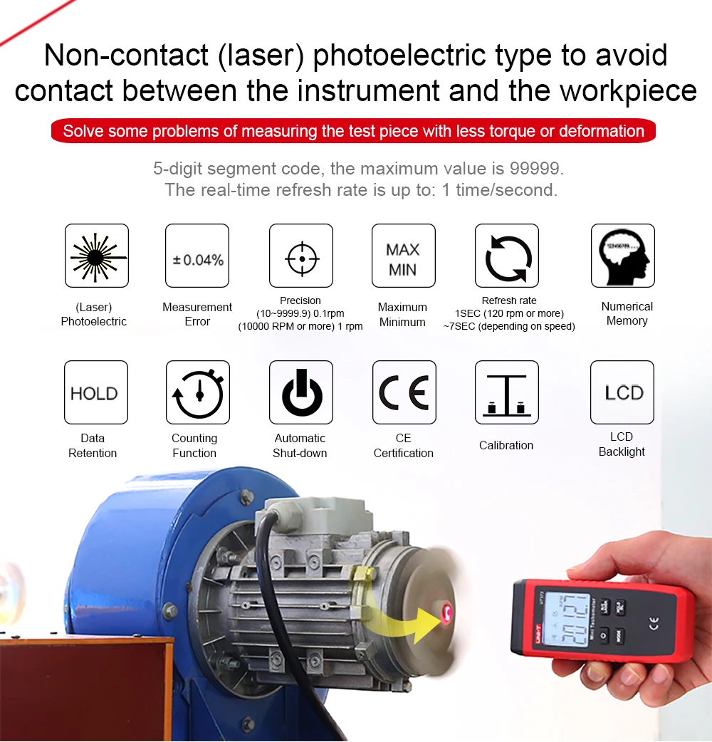 UNI-T UT373 Мини цифровой лазерный тахометр Бесконтактный тахометр диапазон оборотов 10-99999 ОБ/мин Тахометр одометр км/ч подсветка