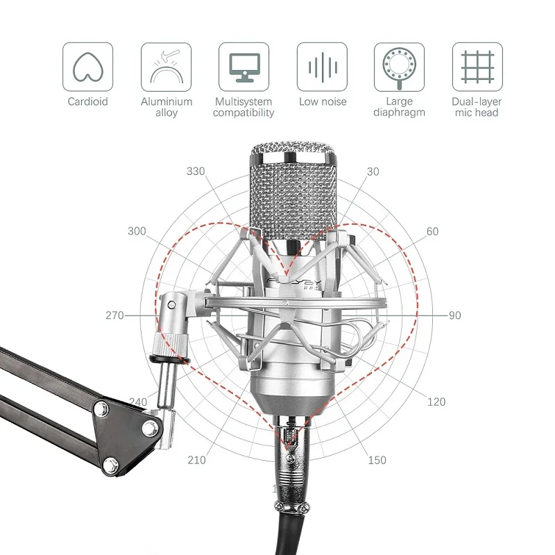 FELYBY BM 800 высококачественный конденсаторный микрофон для записи компьютера с фантомным питанием и многофункциональной звуковой картой